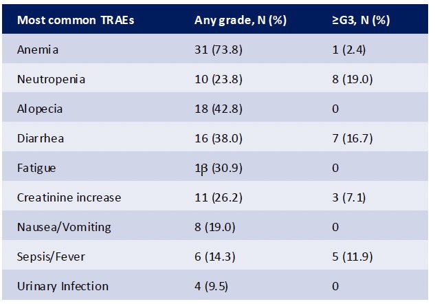 The most common treatment-related adverse events (TRAEs) were anemia (74%), alopecia (43%), and diarrhea (38%). The most common grade ≥3 TRAEs were neutropenia (19%), diarrhea (17%), and sepsis/fever (12%).