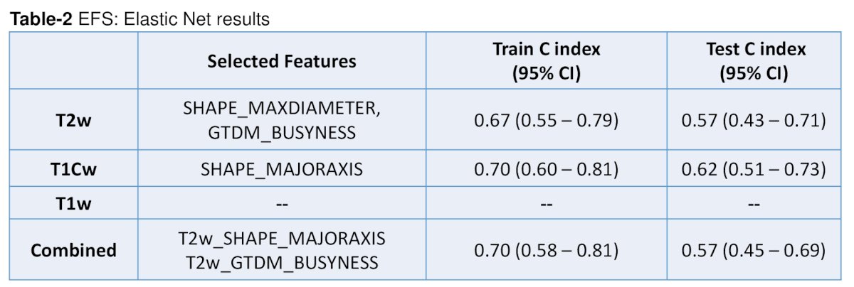 None of the features derived from T1w showed significance for classifying EFS.