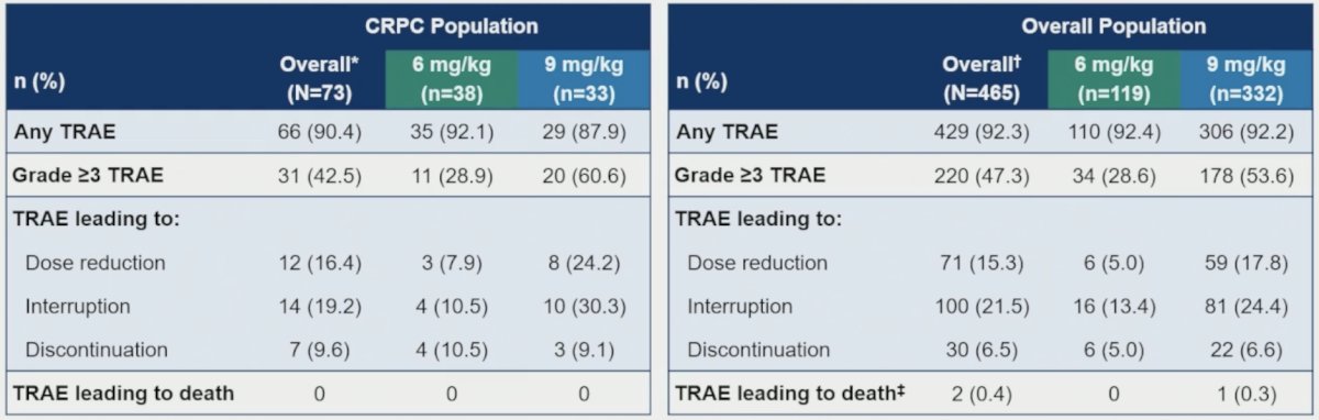 &nbsp;The CRPC safety profile (n = 73) is supported by the safety in the larger overall population (n = 465). Treatment-related adverse events occurred in 66 (90.4%) and 429 (92.3%) patients and were Grade ≥3 in 31 (42.5%) and 220 (47.3%) patients, respectively. Treatment related adverse events led to dose reduction in 12 (16.4%) and 71 (15.3%) patients, to discontinuation in 7 (9.6%) and 30 (6.5%) patients, and to death in 0 and 2 (0.4%) patients, respectively:
