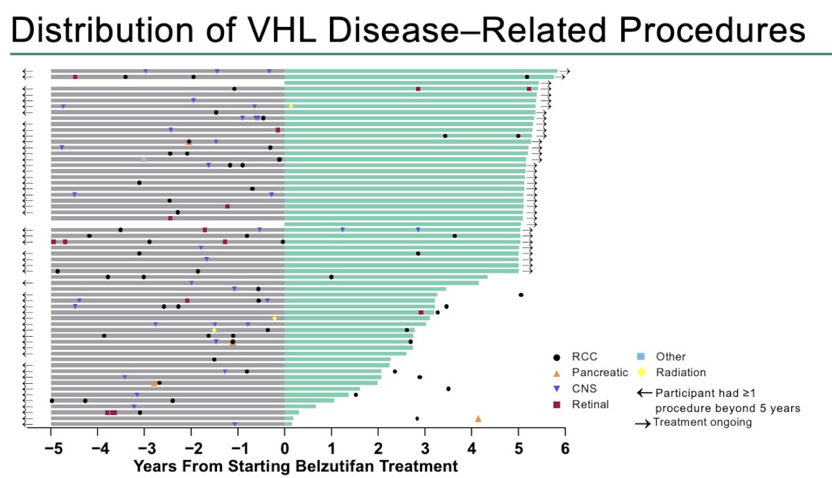 Within 5 years before starting belzutifan, 46 participants (75%) underwent 97 VHL-related procedures. After starting belzutifan: