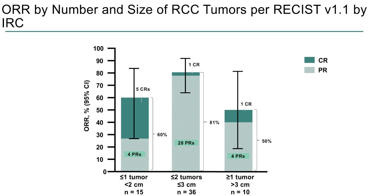 ORRs were observed across number/size of RCC lesions. The highest CRs were observed in patients with solitary tumors <2 cm in size (5 complete; 32%).
