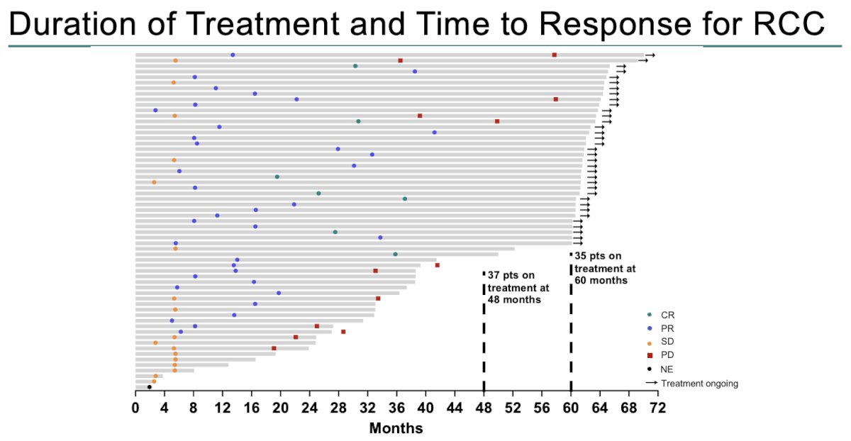 The median duration of therapy was 60.2 months. Thirty-five participants remained on treatment at 60 months. Five patients with progressive disease remained on treatment, as of the data cut-off date. The median time to response was 8.5 months (range: 2.7–41.2).