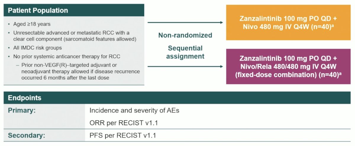 Adult patients with unresectable advanced or metastatic clear cell RCC of any IMDC risk, and no prior systemic anticancer therapy for advanced or metastatic clear cell RCC were enrolled into one of two non-randomized arms. Patients received zanzalintinib 100 mg orally with either nivolumab 480 mg IV every 4 weeks or nivolumab/relatlimab 480/480 mg IV every 4 weeks (fixed-dose combination). Primary endpoints were investigator-assessed objective response rate per RECIST 1.1 and safety. The STELLAR-002 trial schema is as follows