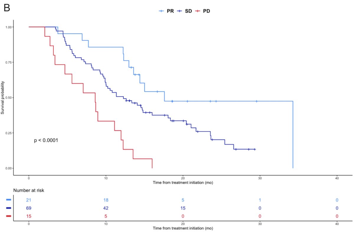 Overall, there were 105 patients eligible and included in the analysis. Progressive disease by 177Lu-PSMA-SPECT/CT was associated with shorter overall survival compared to stable disease (HR 2.5, 95% CI 1.2-5.3, p = 0.015) and to partial response (HR 6.5, 95% CI 2.7-15.7, p < 0.001):