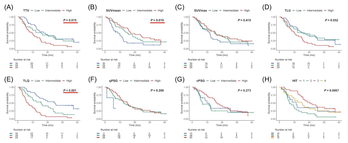 Total tumor volume, total tumor SUVmean, and total lesion quotient was significantly associated with overall survival (log-rank p = 0.015, p = 0.019, and p < 0.001, respectively):