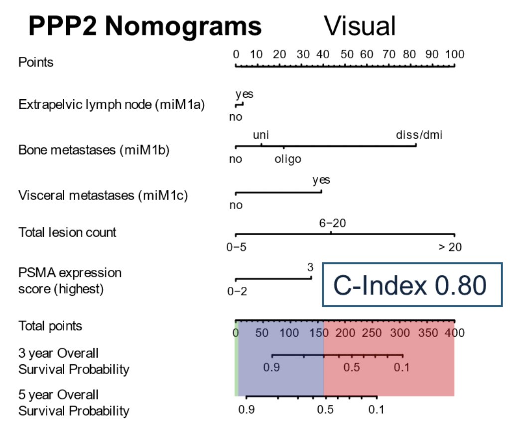 There were 6,128 male patients (4,044 development and 2,084 validation cohorts) included across all disease stages with median follow-up of 4.8 years (IQR 3.4-6.4). Over this follow-up time, 1,915 (31.2%) deaths were reported. Predictors in the visual PPP2 nomogram were presence of distant metastases (extrapelvic nodal metastases [M1a], bone metastases [M1b; oligometastatic, disseminated or diffuse marrow involvement], and visceral metastases [M1c]), PSMA expression score, and total lesion count: