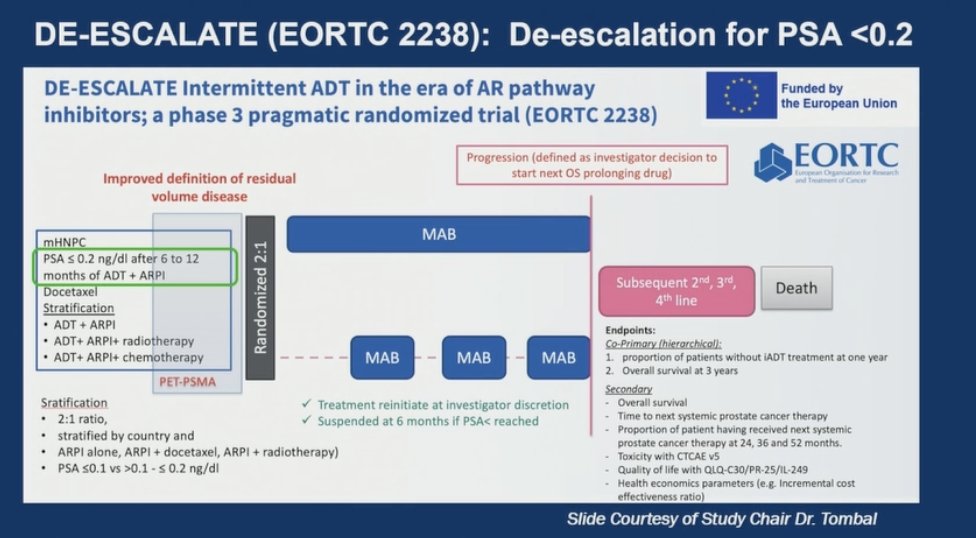The second trial is DE-ESCALATE (EORTC 2238), a pragmatic, phase 3 randomized study evaluating intermittent ADT in patients with mHSPC who have achieved a PSA ≤0.2 ng/mL after 6–12 months of ADT + androgen receptor pathway inhibitor. Patients are randomized 2:1 to intermittent versus continuous androgen receptor pathway inhibitor-based therapy, stratified by country, treatment regimen, and PSA levels (≤0.1 vs >0.1–≤0.2 ng/mL). Treatment is paused at 6 months if PSA remains suppressed, with re-initiation at the investigator’s discretion upon PSA progression:
