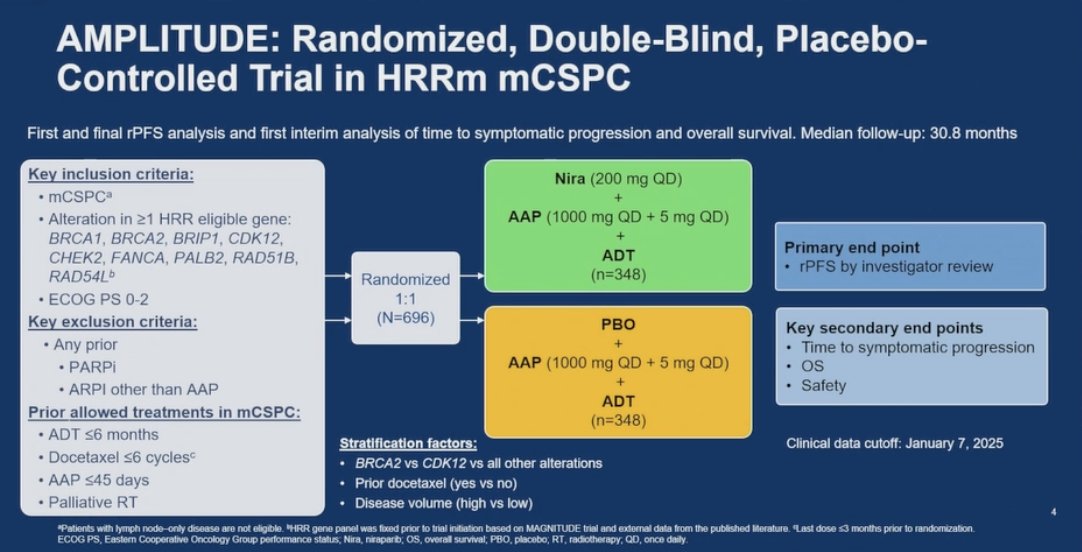 With regards to HRR mutations as a biomarker, Dr. Chavarriaga discussed the AMPLITUDE trial (presented at ASCO 2025), which was a randomized, double-blind, placebo-controlled phase 3 study evaluating the efficacy of fixed daily niraparib (200 mg) in combination with abiraterone acetate + prednisone (1000 mg + 5 mg) and continuous ADT in patients with mHSPC harboring at least one HRR mutation in one of the following genes:&nbsp;BRCA1,&nbsp;BRCA2,&nbsp;BRIP1,&nbsp;CDK12,&nbsp;CHEK2,&nbsp;FANCA,&nbsp;PALB2,&nbsp;RAD51B,&nbsp;RAD54L. A total of 696 patients with ECOG performance status 0–2 were randomized 1:1 to receive either niraparib + abiraterone acetate + prednisone + ADT or placebo + abiraterone acetate + prednisone + ADT. The primary endpoint was radiographic progression-free survival by investigator assessment, with key secondary endpoints including time to symptomatic progression, overall survival, and safety: