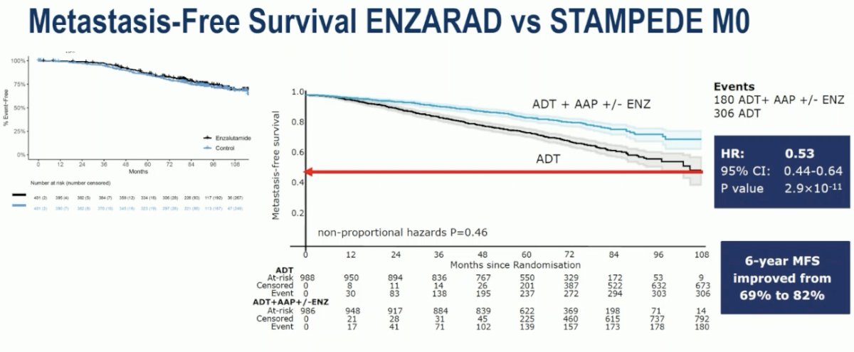 The differences between the study populations of ENZARAD and STAMPEDE M0 are clearly reflected in the MFS Kaplan-Meier curves. While the 10-year MFS was ~70% in the ENZARAD trial, it was close to 50% at 10 years in the STAMPEDE M0 control arm, highlighting the higher risk nature of the STAMPEDE M0 cohort.