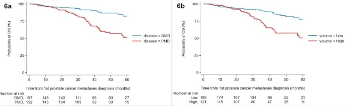 Median overall survival was not reached (95% CI not reached-not reached) for oligometastatic disease and 64 months (95% CI 47-not reached) for polymetastatic disease. Furthermore, median overall survival was not reached (95% CI not reached-not reached) for low volume and 90 months (95% CI 43-not reached) for high volume: