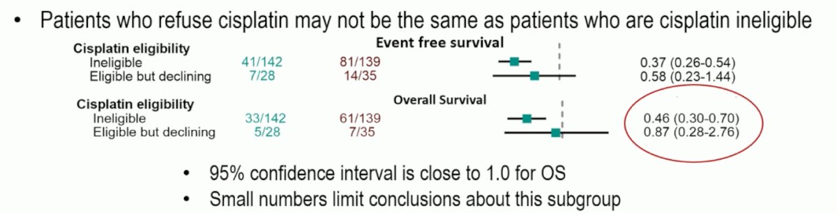 Dr. Rosenberg acknowledged several limitations of KEYNOTE-905, including that adjuvant immunotherapy was not routinely administered in the control arm, as nivolumab only became available midway through the trial received by 16.7% of control patients, depending on local access, reimbursement, and eligibility. Additionally, many patients in the control group likely did not have access to EV + pembrolizumab upon relapse, which could have influenced OS outcomes. He noted that patients who decline cisplatin represent a small and distinct subgroup yet emphasized that these limitations do not detract from the overall strength and impact of the trial’s findings.