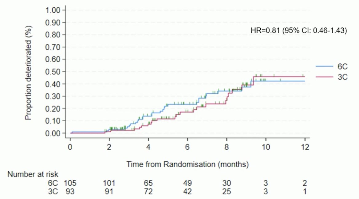 There was no difference between the groups for time to deterioration in global health status/quality of life based on EORTC QLQ-C30 (HR 0.81, 95% CI 0.46-1.43):