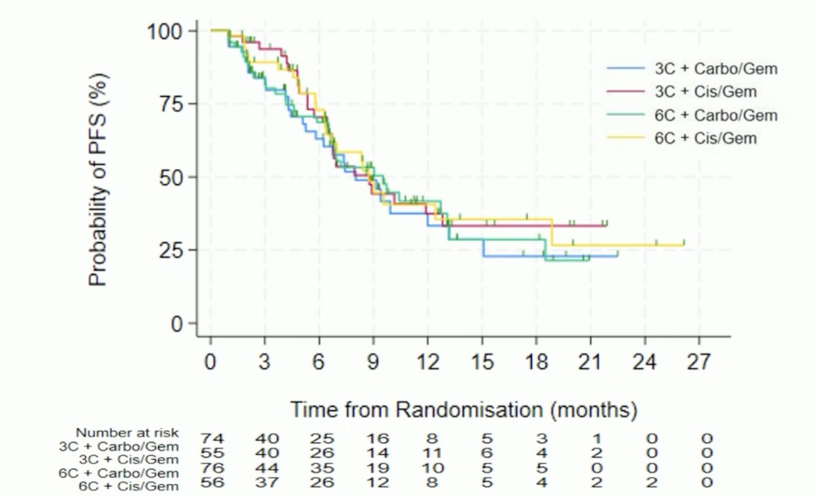 The overall response rate was 24% in the 3-cycle arm versus 27% in the 6-cycle arm, with no significant difference between groups. The median progression-free survival was 8.0 months (95% CI 6.7–11.9) versus 9.0 months (95% CI 6.9–12.7), HR 1.05 (95% CI 0.73–1.53; p = 0.79), with the following figure highlighting progression-free survival by platinum-based chemotherapy regimen: