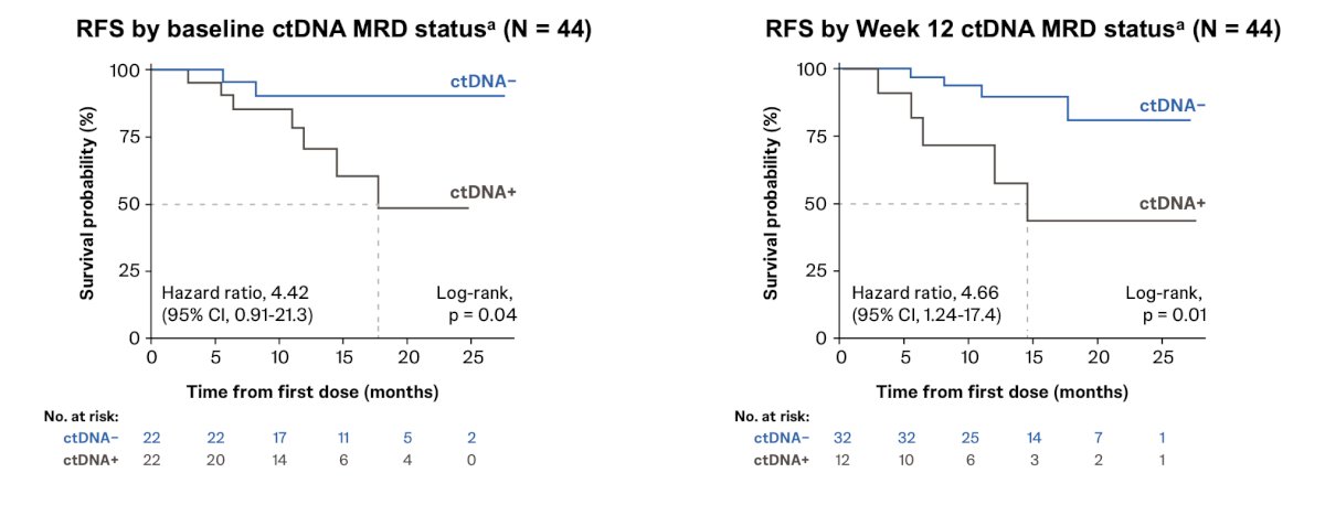 ctDNA negative status at baseline and week 12 was associated with longer recurrence-free survival: