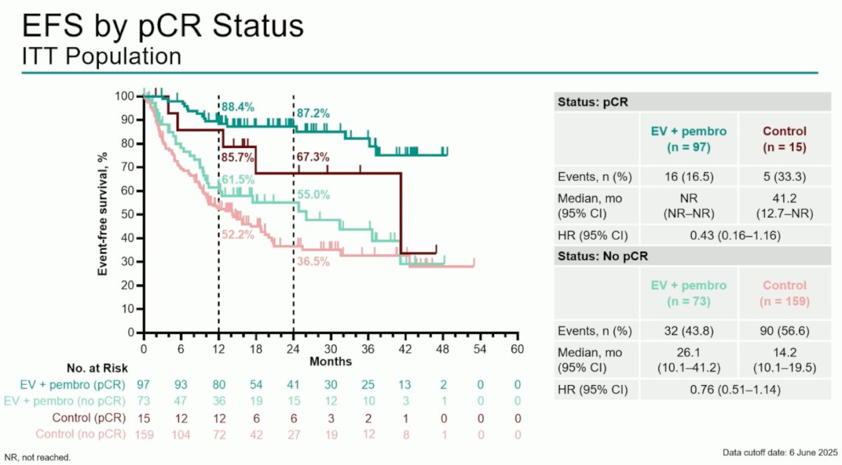 In the exploratory analysis of EFS by pCR status, patients achieving pCR with EV + pembrolizumab had a durable benefit, with median EFS not reached versus 41.2 months in the control arm (HR 0.43). Among those without pCR, median EFS was 26.1 versus 14.2 months (HR 0.76). Interestingly, even patients with pCR in the control arm appeared at higher risk for recurrence compared to those achieving pCR with EV + pembrolizumab.