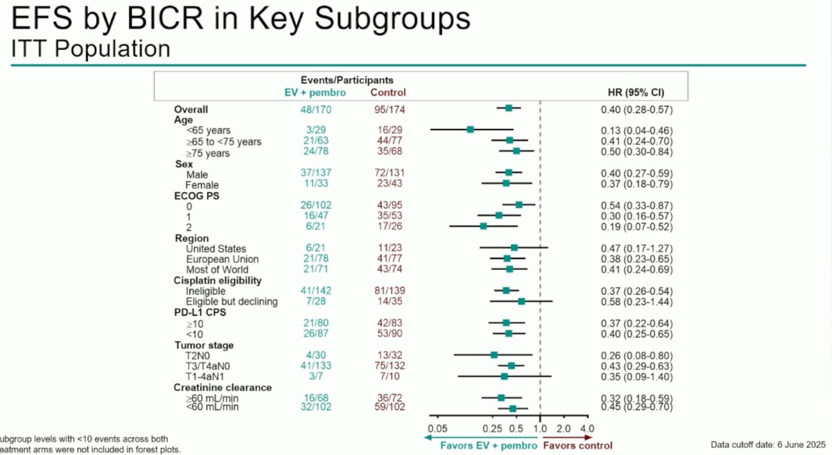 EFS benefit with EV + pembrolizumab was consistent across all predefined subgroups, including age, ECOG performance status, PD-L1 CPS, and tumor stage. The magnitude of benefit was maintained in both cisplatin-ineligible and cisplatin-declining patients, with HRs favoring EV + pembrolizumab across most subgroups.
