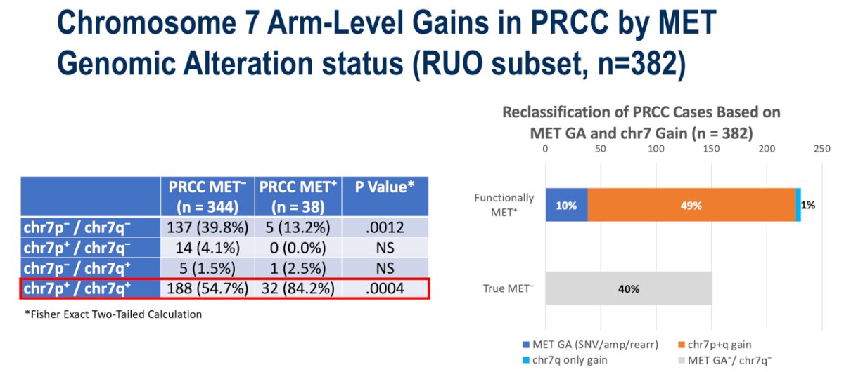 Dr. Durán emphasized that papillary RCCs may be more accurately classified by functional MET pathway activation rather than by raw mutation status. Only about 10% of tumors carry direct MET genomic alterations, while approximately half are functionally MET⁺ due to chromosome 7 gain. The remaining 40% are truly MET⁻, lacking both MET genomic alterations and 7q gain. This functional stratification appears clinically relevant, as prior studies have shown that selecting pRCC patients based on MET pathway activation (rather than just genetic alteration) most likely enriches for those who benefit from MET-targeted therapies an approach that ongoing trials aim to further validate.