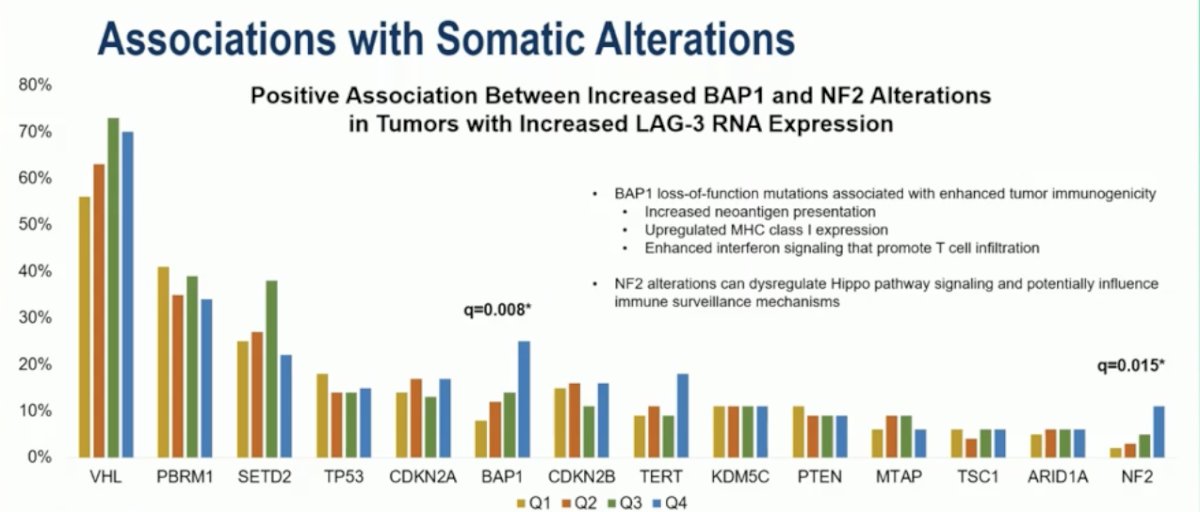 Dr. McKay highlighted that tumors with higher LAG-3 RNA expression showed a positive association with somatic alterations in BAP1 (q=0.008) and NF2 (q=0.015). They noted that BAP1 loss-of-function mutations are linked to enhanced tumor immunogenicity through increased neoantigen presentation, upregulated MHC class I expression, and augmented interferon signaling that promotes T-cell infiltration. Similarly, NF2 alterations can dysregulate Hippo pathway signaling, potentially impairing immune surveillance mechanisms. Together, these findings suggest that increased LAG-3 expression may coexist with genetic changes that contribute to an inflamed but immunologically exhausted tumor microenvironment.