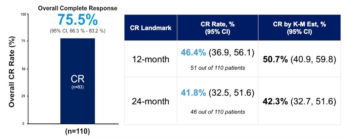 The 12-month complete response rate is 46.4% (51/110) (95% CI 36.9-56.1%). Landmark and Kaplan-Meier estimated 24-month complete response rates are 41.8% (46/110) (95% CI 32.5-51.6%) and 42.3% (95% CI 32.7-51.6), respectively. Complete responses are consistent across all patient subgroups: