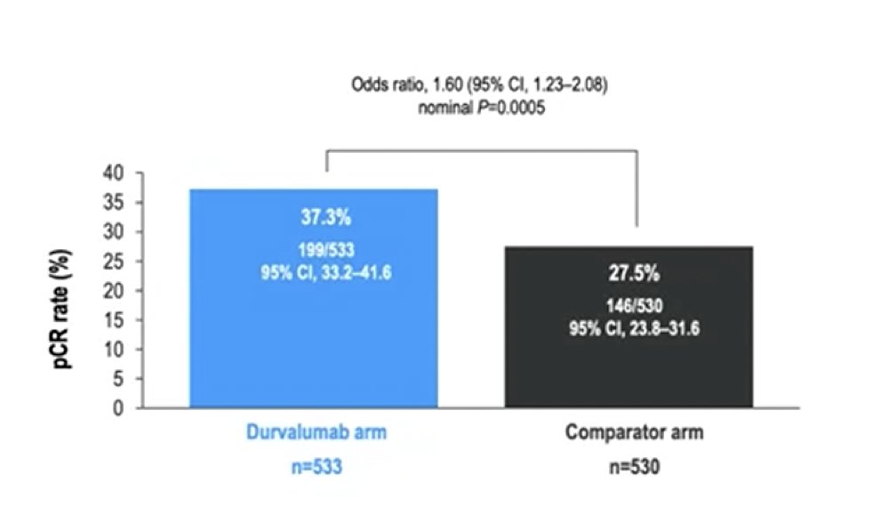 Pathologic complete response was 10% higher with durvalumab: 37.5% versus 27.5%