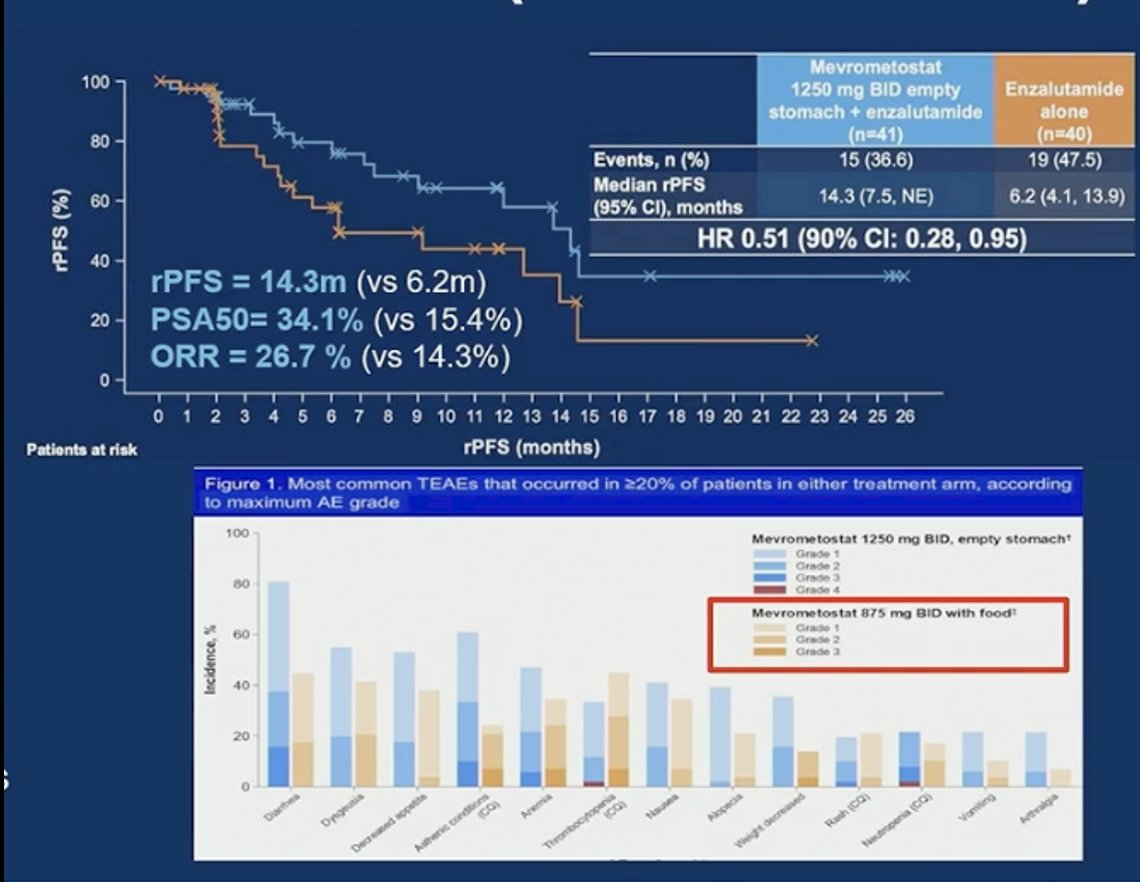 Mevrometostat, an EZH2 inhibitor, was evaluated in combination with enzalutamide and demonstrated antitumor activity at the higher dose administered on an empty stomach. At that dose, median rPFS was 14.3 months, with a PSA50 response rate of 34.1% and an objective response rate of 26.7%, compared with enzalutamide alone. However, increased gastrointestinal toxicity was observed at this schedule, prompting dose adjustment. Administration at a lower dose with food improved tolerability while maintaining similar efficacy signals. Overall, the data support biologic activity of EZH2 inhibition in combination with AR blockade in mCRPC.&nbsp;