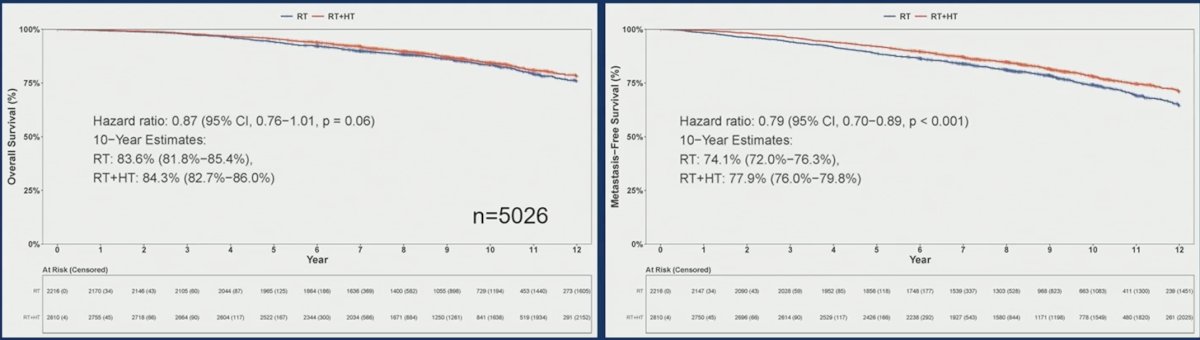 The addition of hormonal therapy to radiotherapy did not improve overall survival (HR 0.87, 95% CI 0.76-1.01, p = 0.06), but did improve metastasis-free survival (HR 0.79, 95% CI 0.70-0.89):