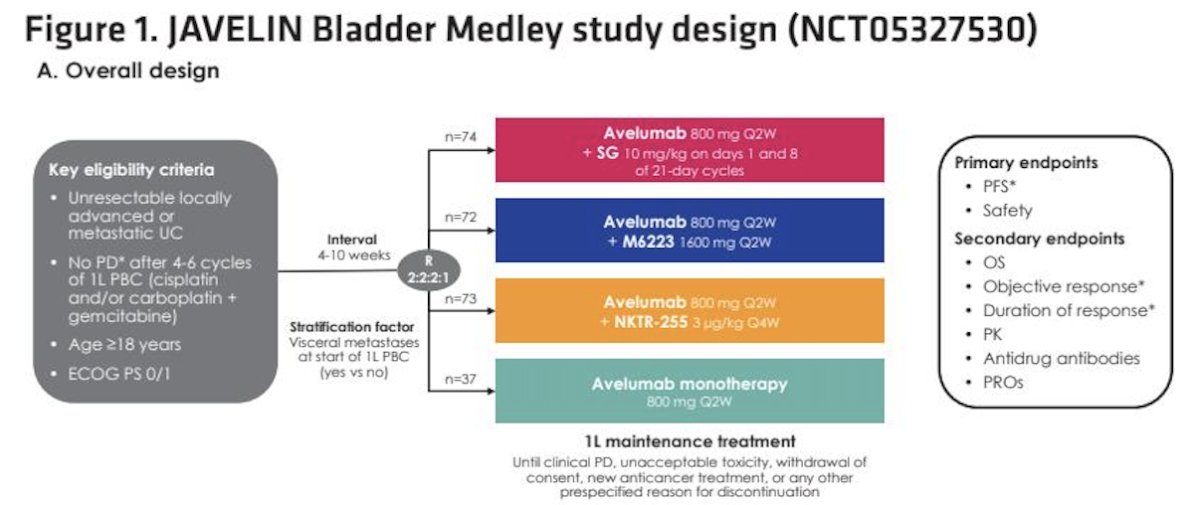 For this analysis of the JAVELIN Bladder Medley trial, eligible patients had unresectable locally advanced or metastatic urothelial carcinoma, ECOG performance status 0–1, and no progression after 4–6 cycles of first-line platinum-based chemotherapy. Patients were randomized 2:2:2:1 to receive 1L maintenance treatment with avelumab + SG, avelumab + M6223, avelumab + NKTR-255, or avelumab monotherapy (control), stratified by the presence of visceral metastases. The primary endpoints were investigator-assessed progression-free survival and safety; overall survival was a secondary endpoint. For time-to-event analyses, outcomes in the monotherapy arm were extended using propensity score–weighted data from JAVELIN Bladder 100 per protocol. The study design is shown below.