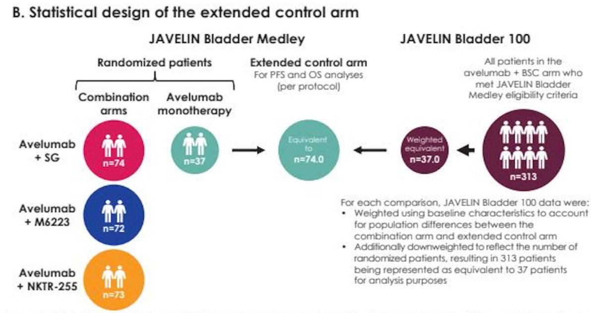 Per protocol, progression-free and overall survival data for the avelumab monotherapy arm were extended using propensity score–weighted data from the JAVELIN Bladder 100 phase 3 trial. Baseline characteristics were used to weight the JAVELIN Bladder 100 population to account for differences between study cohorts, and the data were subsequently downweighted to reflect the number of randomized patients in the Medley trial, creating an extended control arm for comparative PFS and OS analyses.