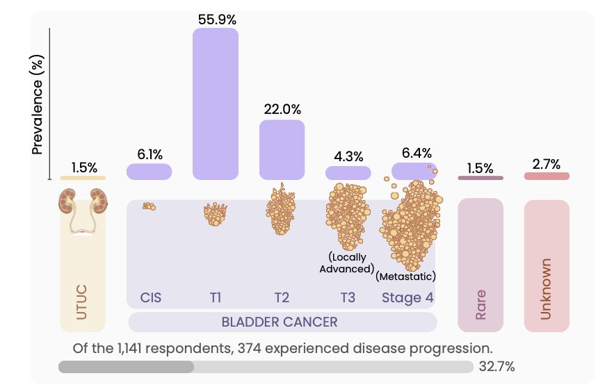 Stage distribution was consistent with national patterns: approximately half of patients were initially diagnosed with non–muscle invasive bladder cancer, 22% with T2 disease, and smaller proportions with locally advanced, metastatic, upper tract urothelial carcinoma, or rare histologies. Nearly one-third of respondents experienced disease progression over time, reflecting the chronic and recurrent nature of bladder cancer: