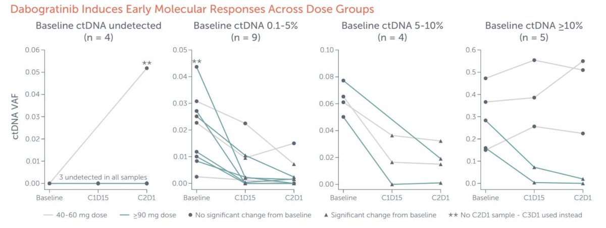 Dabogratinib treatment resulted in significant decreases in ctDNA fraction as early as C1D15 across all dose groups. All patients with 0.1%-10% baseline ctDNA had decreases in ctDNA, independent of dose group. Patients with >=10% ctDNA tended to have poorer ctDNA responses, consistent with high ctDNA being a poor prognostic indicator: