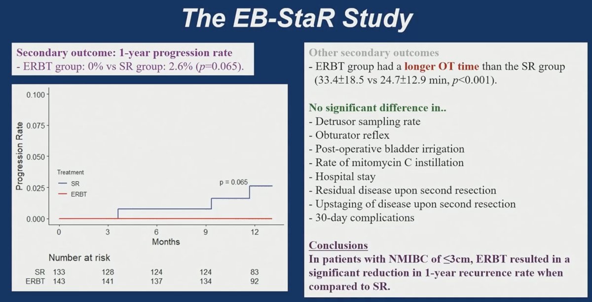 Progression outcomes were also examined. The 1-year progression rate was 0% in the ERBT group compared with 2.6% in the standard resection group, although this difference did not reach statistical significance (p = 0.065).