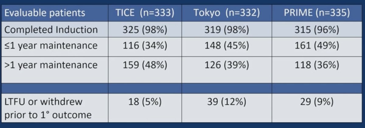 Overall, 96-98% of patients completed induction therapy. Maintenance therapy for >1 year was completed by 36-48% of patients, and ≤1 year maintenance by 34-49%.&nbsp;