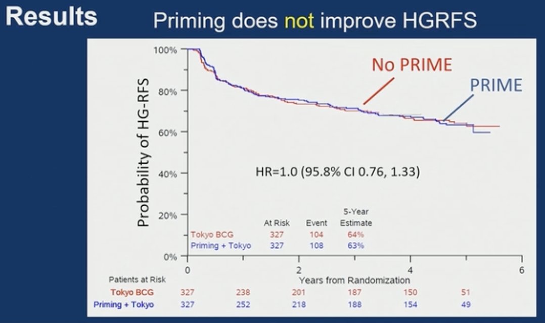 Moving on to the second objective of the trial, Dr. Svatek noted that priming does not improve HG-RFS outcomes in the overall cohort (HR 1.0, 95.8% CI: 0.76–1.33):