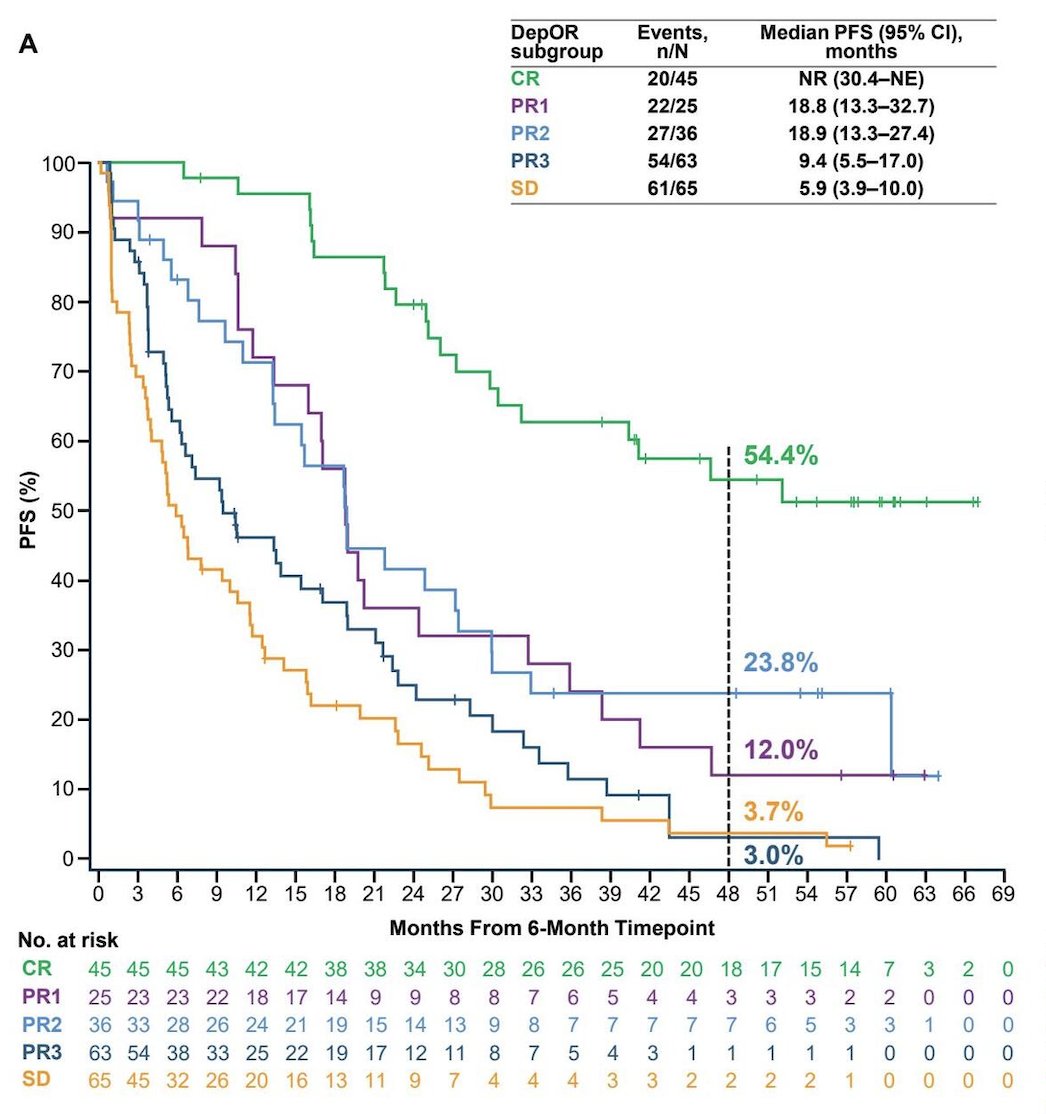 A greater depth of response was associated with prolonged progression-free survival, with a durable benefit observed among patients with a complete response:&nbsp;