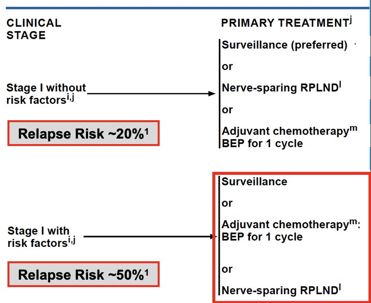 For CSI NSGCTs, the strongest clinical risk factor for recurrence is lymphovascular invasion, with ~50% of patients with lymphovascular invasion relapsing. Based on this risk factor, the NCCN 1.2026 guidelines for the management of CSI NSGCT recommend either surveillance (preferred) or nerve-sparing RPLND, or adjuvant chemotherapy with one cycle of BEP:
