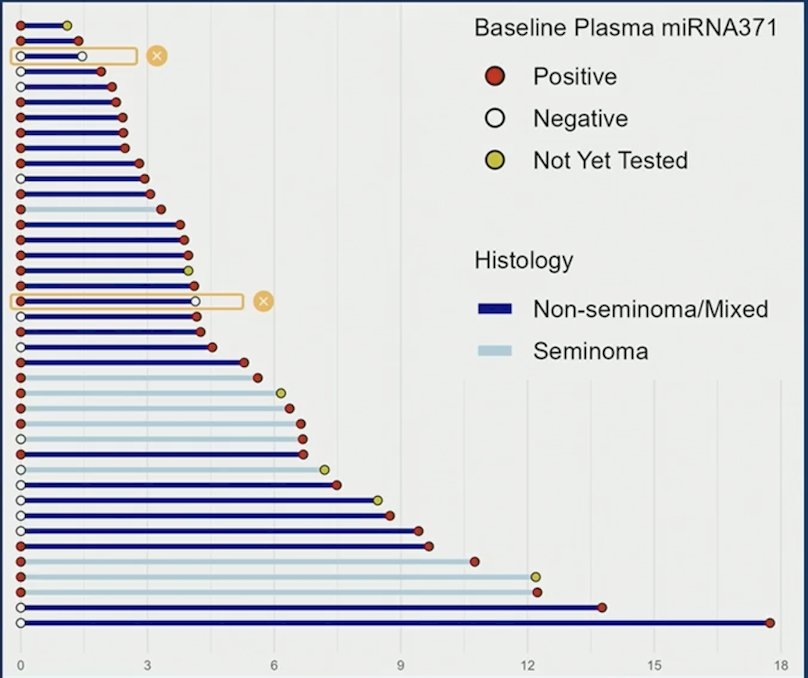 Among recurrences (n = 40), there were 14 (35%) cases of plasma miR-371 negative at baseline and subsequently developed recurrence with a median time to recurrence of 6.9 months: