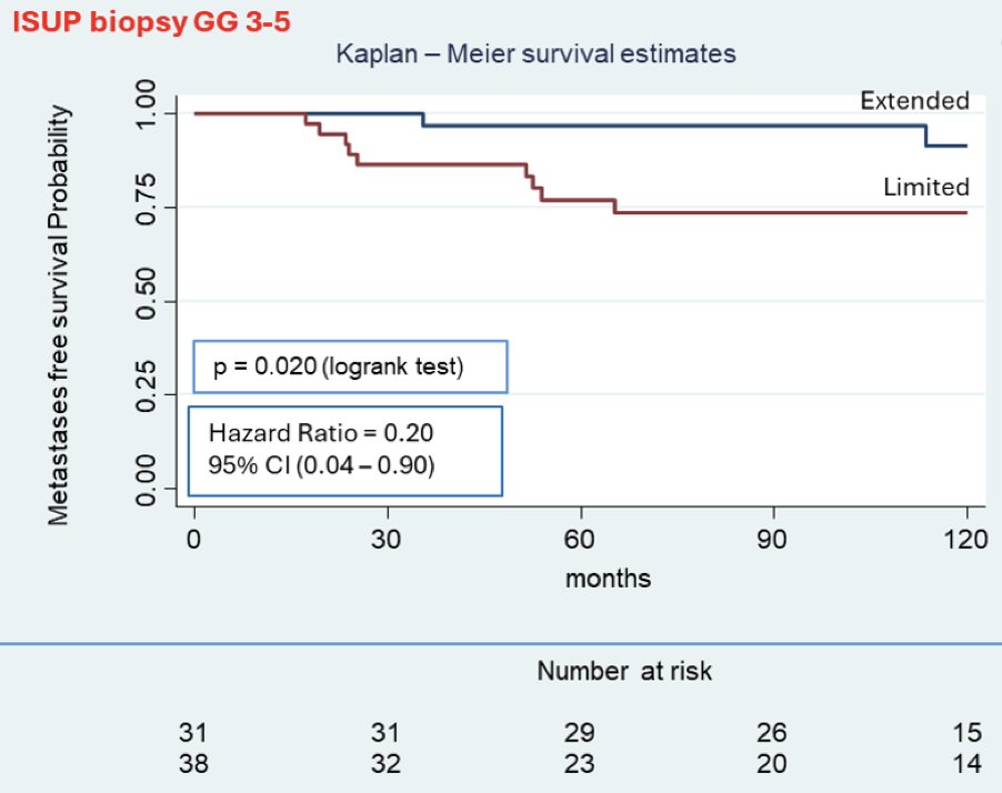 Additionally, in this high-grade subgroup, a significant improvement in metastasis-free survival was also observed with extended pelvic lymphadenectomy (HR 0.2, 95% CI 0.04–0.9; p = 0.020; number needed to treat = 7) with extended follow-up: