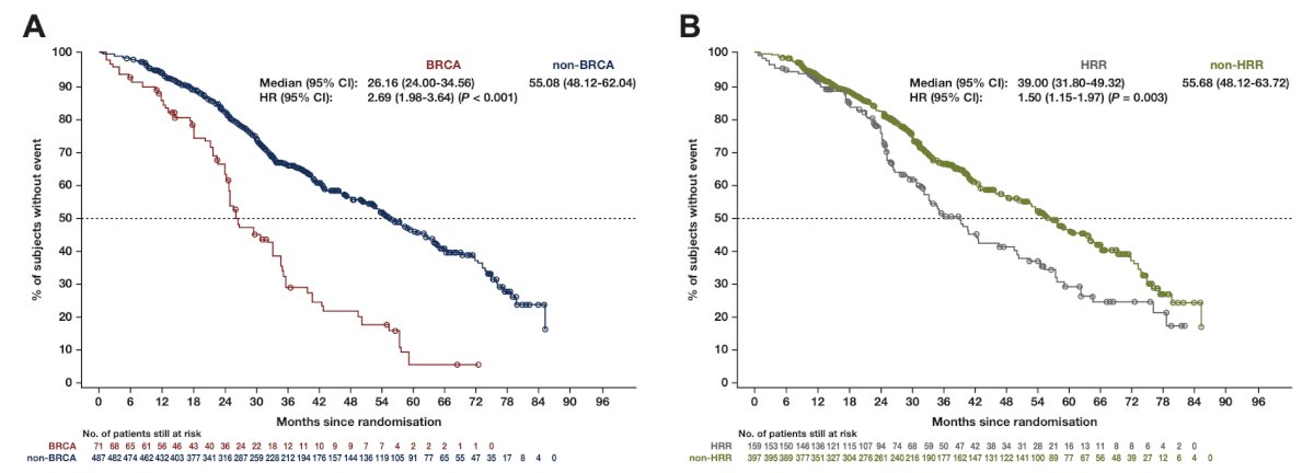 Overall survival was significantly shorter in the BRCA than in the non-BRCA subgroup: median 26.2 versus 55.1 months (HR 2.7, 95% CI 2.0-3.6, p < 0.001), and a similar trend was observed when comparing HRR and non-HRR subgroups: median overall survival 39.0 versus 55.7 months (HR 1.5, 95% CI 1.1-2.0, p = 0.003):
