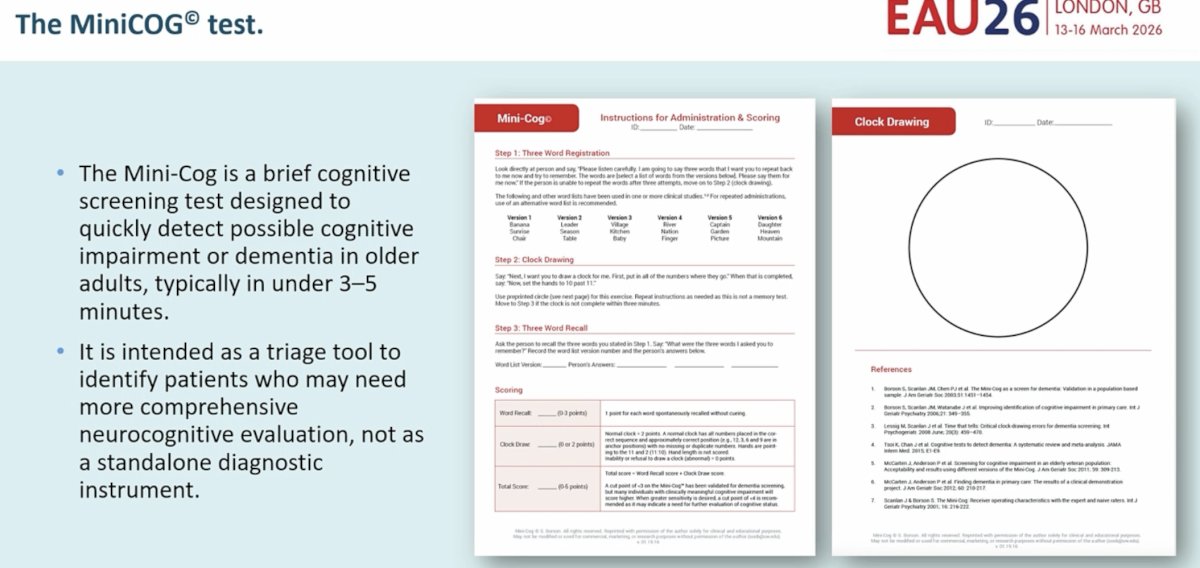 Cognitive status was another major focus. Dr. Tombal introduced the Mini-Cog test as a brief cognitive screening instrument designed to quickly detect possible cognitive impairment or dementia in older adults, usually in under 3–5 minutes. He emphasized that it is intended as a triage tool to identify patients who may need more comprehensive neurocognitive evaluation, rather than as a stand-alone diagnostic instrument.