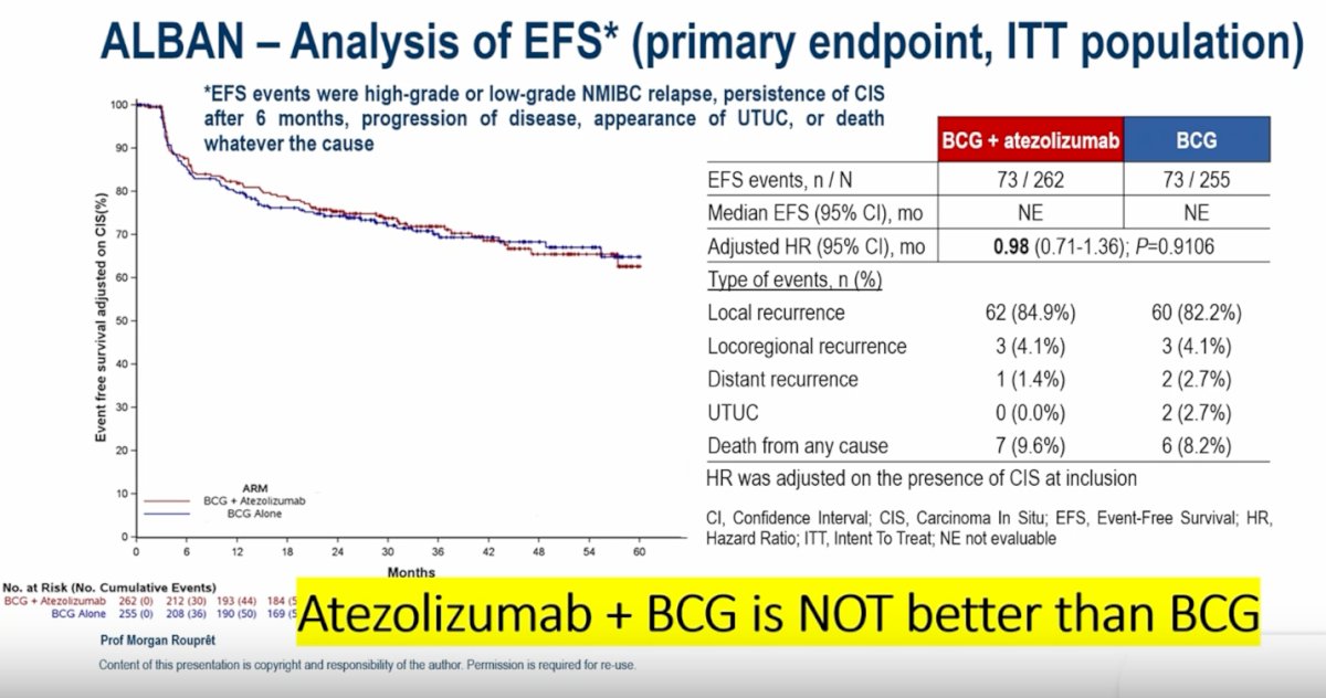 The ALBAN trial was negative for its primary endpoint. Event-free survival was similar between the two treatment arms, with 73 events observed in both groups. The addition of atezolizumab to BCG did not improve outcomes compared with BCG alone (HR 0.98, 95% CI 0.71–1.36; p=0.91), indicating no benefit from the combination in this setting.