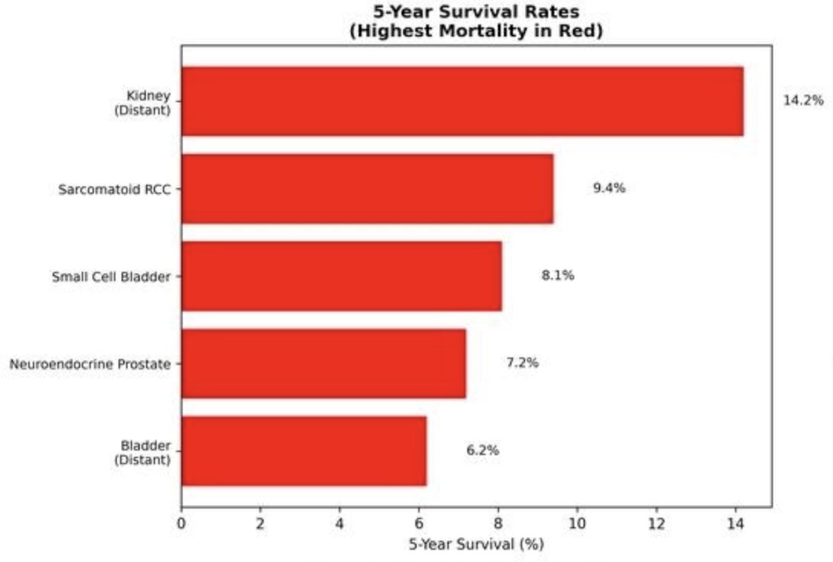 High-mortality urologic cancers represent a critical unmet medical need, with 5-year survival rates below 10% for aggressive variants, including distant bladder cancer (6.2% survival), neuroendocrine prostate cancer (7.2%), small cell bladder cancer (8.1%), and sarcomatoid renal cell carcinoma (9.4%):