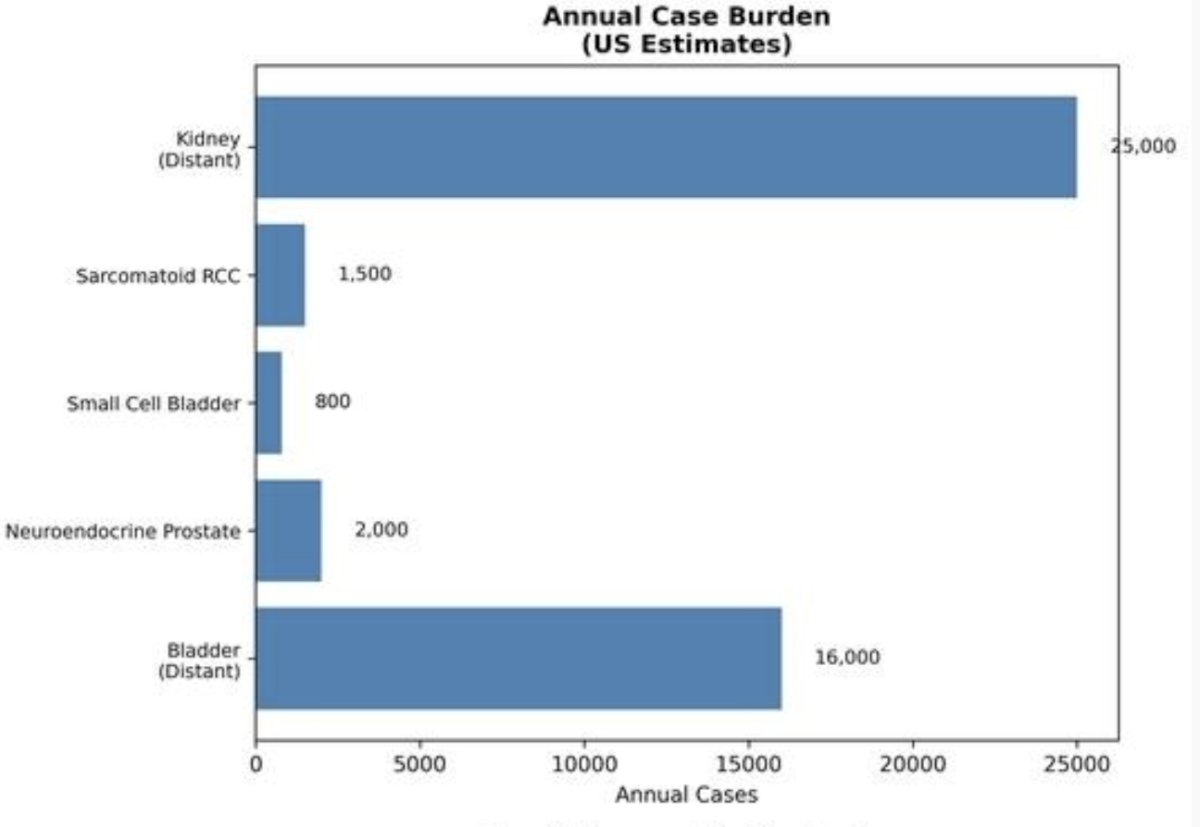 The annual case burden for these rare malignancies is highlighted as follows: