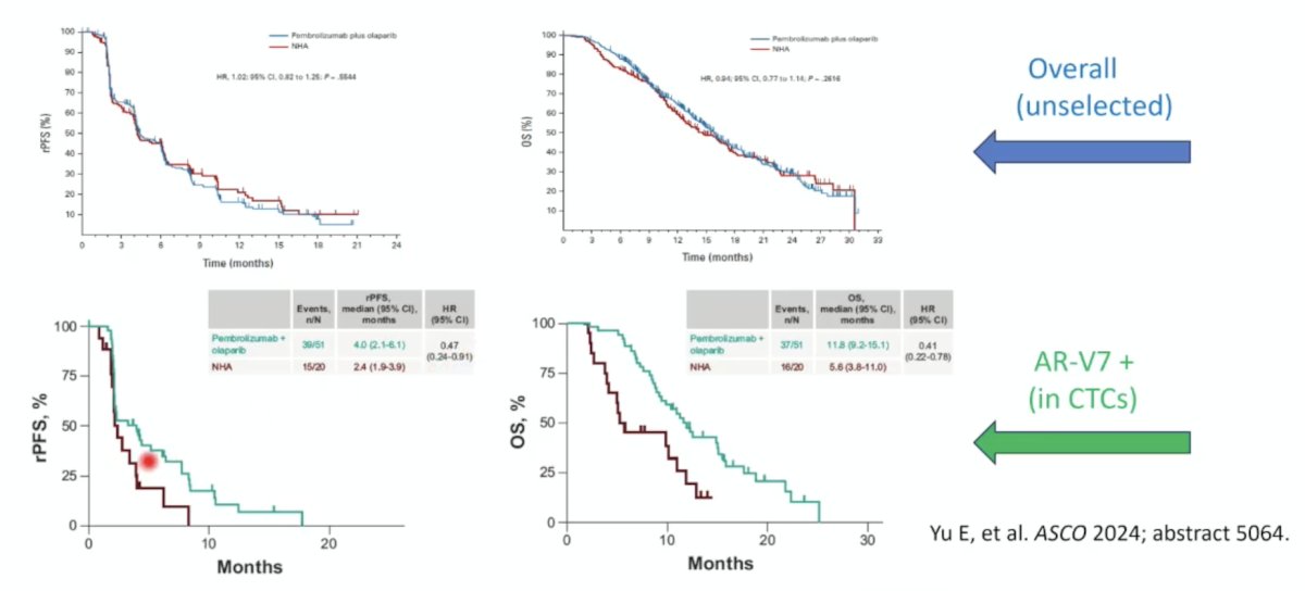 In the unselected cohort, there was no benefit to pembrolizumab + olaparib with regard to radiographic progression-free survival and overall survival, however among patients with AR-V7 positivity, there was a potential benefit in radiographic progression-free survival (HR 0.47, 95% CI 0.24-0.91) and overall survival (HR 0.41, 95% CI 0.22-0.78):