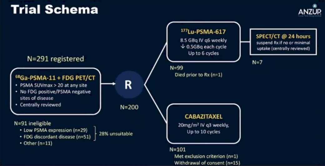 Overall, 200 patients were randomized 1:1 to 177Lu-PSMA-617 6-8 GBq every 6 weeks for up to 6 cycles of therapy or cabazitaxel 20 mg/m2 every 3 weeks for up to 10 cycles. Patients were stratified based on disease burden and prior anti-androgen therapy.&nbsp;The trial schema for TheraP is as follows: