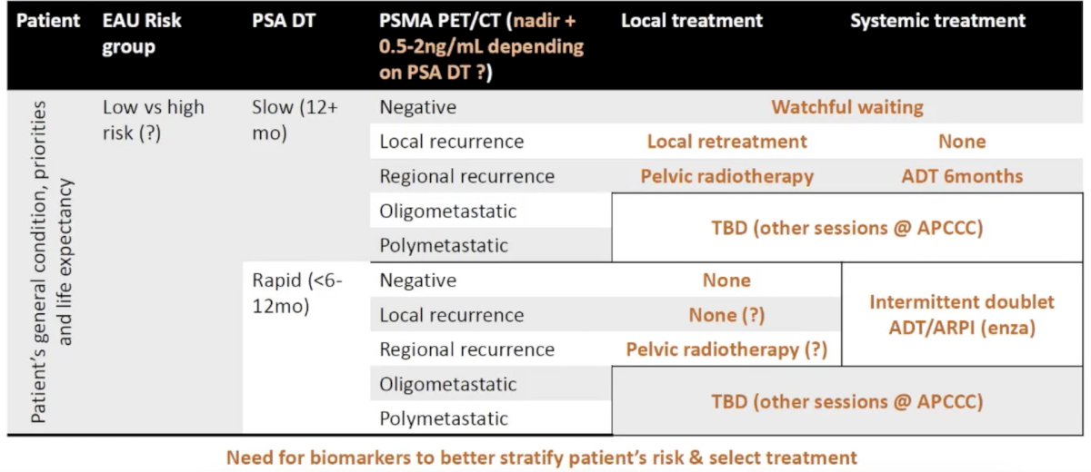 Dr. Blanchard concluded his presentation discussing how to react to PSA recurrence after radiotherapy by providing his working proposal for how to manage these patients:
