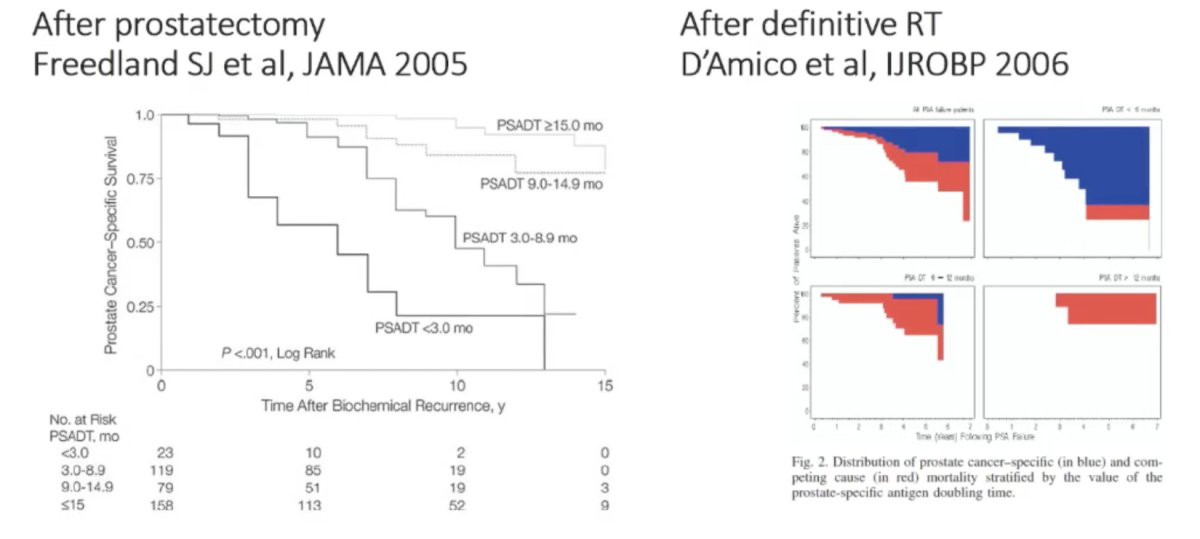 PSA doubling time is a strong prognostic factor of prostate cancer death after local therapy, whether the patient received a radical prostatectomy or definitive radiotherapy:&nbsp;