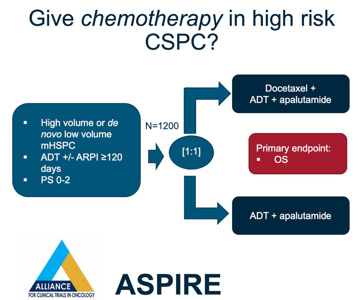 Dr. Brown also highlighted two important studies that will further clarify the role of chemotherapy in mHSPC. The first is the ASPIRE study in which patients with high volume or low volume de novo disease will be randomized to ADT + apalutamide + docetaxel versus the control arm ADT + apalutamide: