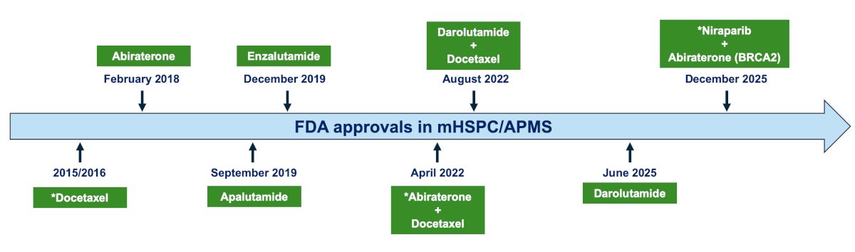 Dr. Lacuna emphasized that in contemporary times, escalation of therapy is recommended in mHSPC/APMS, with the following FDA approvals in this disease state: