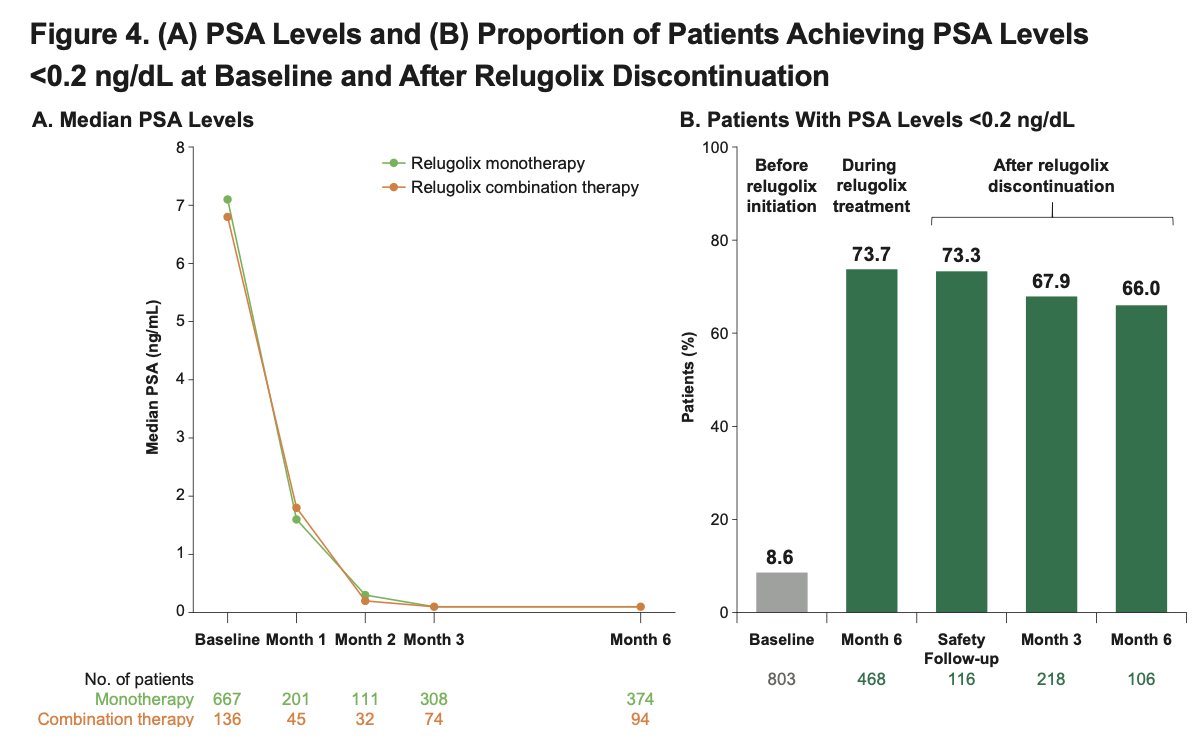 PSA levels also demonstrated sustained suppression during and after relugolix therapy. After 6 months of treatment, median PSA levels had decreased substantially from baseline in both the relugolix monotherapy and combination therapy cohorts. Notably, PSA suppression persisted even after treatment discontinuation, with median PSA levels remaining low through 6 months of follow-up. Additionally, more than 65% of evaluable patients maintained PSA levels below 0.2 ng/mL through 6 months after discontinuing relugolix.