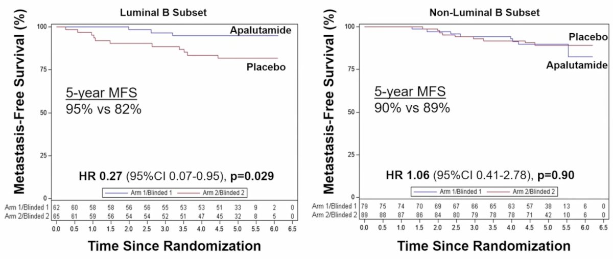 Metastasis-free survival was also improved with apalutamide in luminal B patients (HR 0.27, 95% CI 0.07-0.95, p = 0.029; 5-year estimates of 95% versus 82%), but not in non-luminal B patients (HR 1.06, 95% CI 0.41-2.78, p=0.90; 5-year estimates of 90% versus 89%):